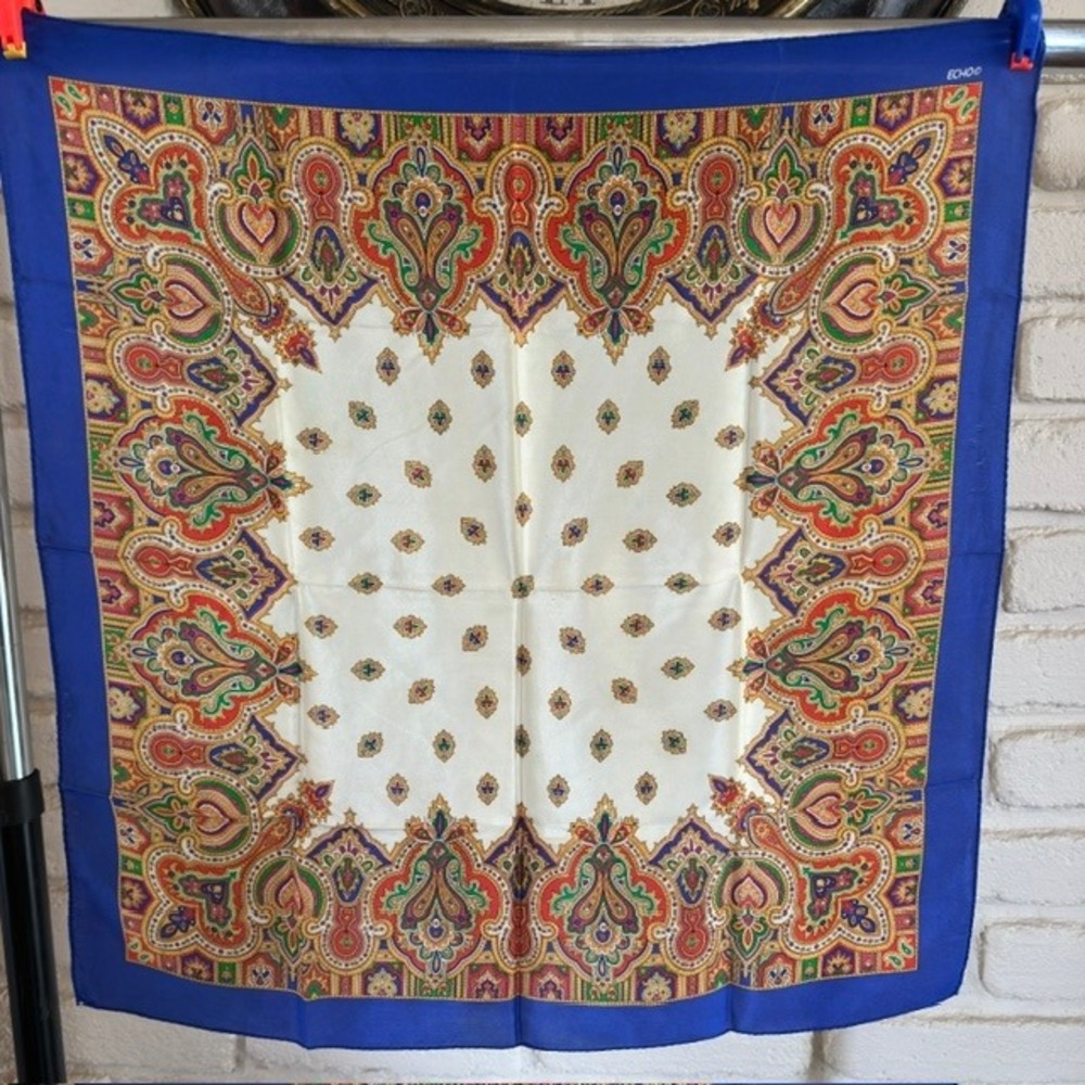 Echo Silk Twill 1980s Blue Cream Paisley Foulard Scarf